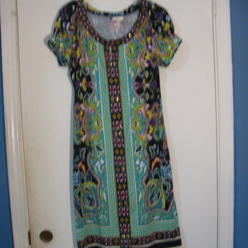 * Eci Sequin Beaded Dress Size 8 Black Green Colorful Midi